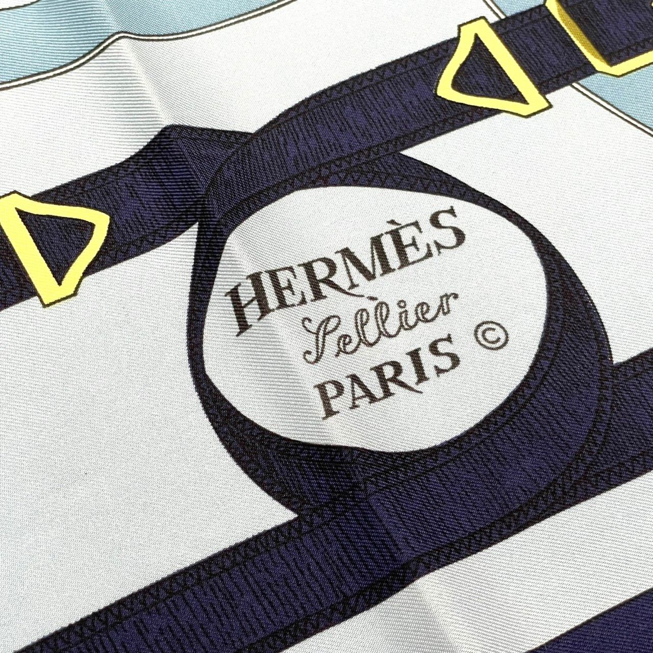 Hermes Carre 90 Apron Dole Yellow Gold Spurs Scarf Silk Multicolor Navy Large — view 3