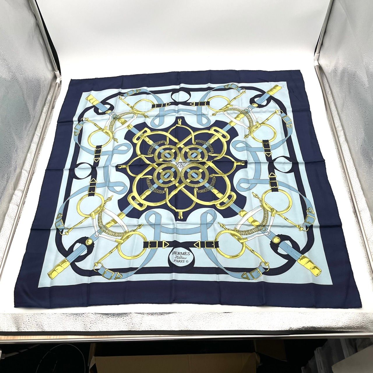 Hermes Carre 90 Apron Dole Yellow Gold Spurs Scarf Silk Multicolor Navy Large