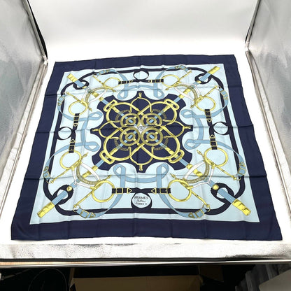 Hermes Carre 90 Apron Dole Yellow Gold Spurs Scarf Silk Multicolor Navy Large