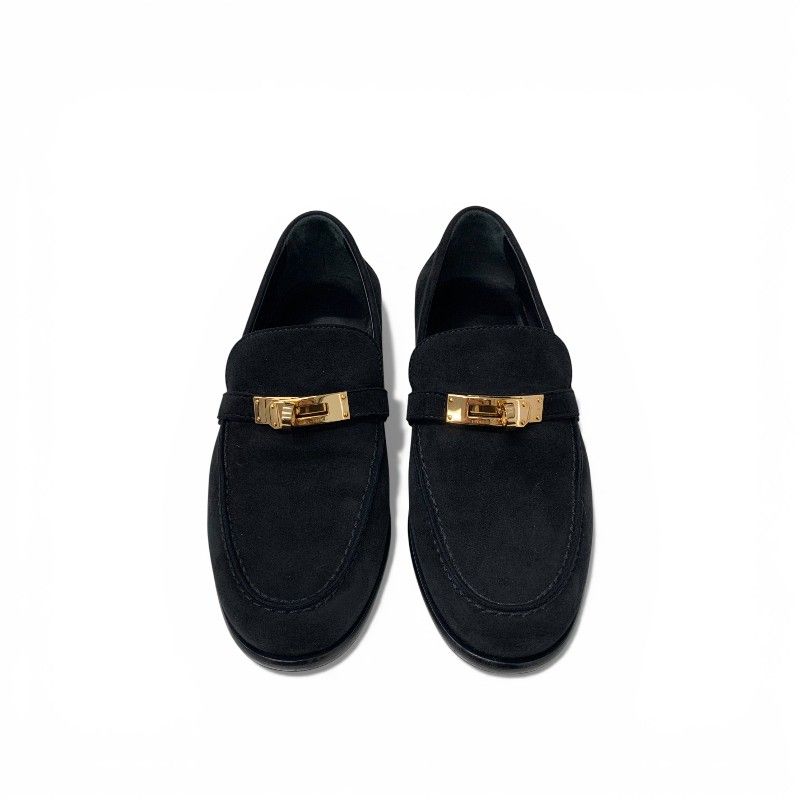 Hermes Destin Loafers Leather Shoes Suede Black Gold Kelly Moccasins — view 2