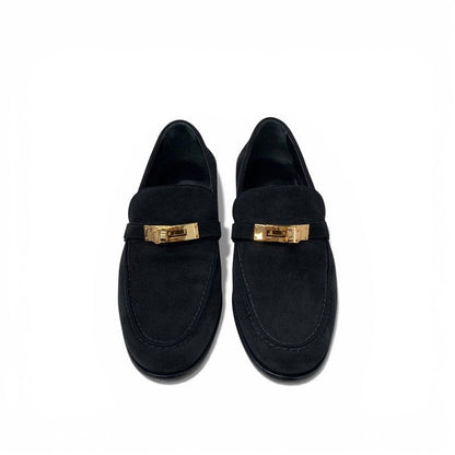Hermes Destin Loafers Leather Shoes Suede Black Gold Kelly Moccasins — view 2