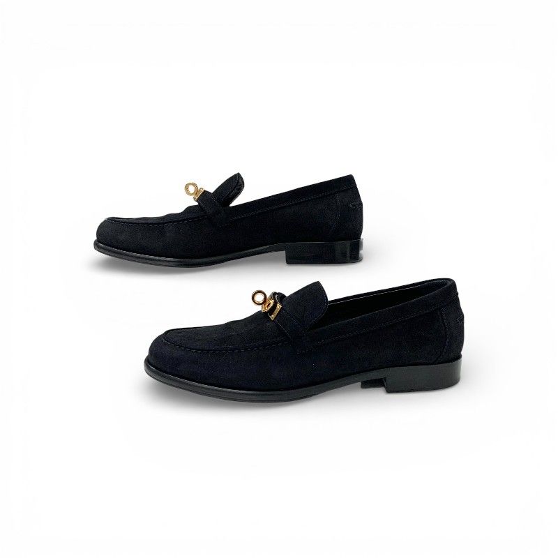 Hermes Destin Loafers Leather Shoes Suede Black Gold Kelly Moccasins — view 3