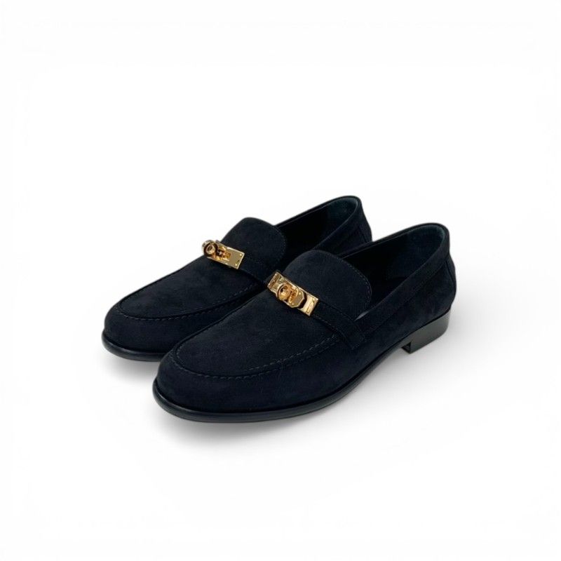 Hermes Destin Loafers Leather Shoes Suede Black Gold Kelly Moccasins