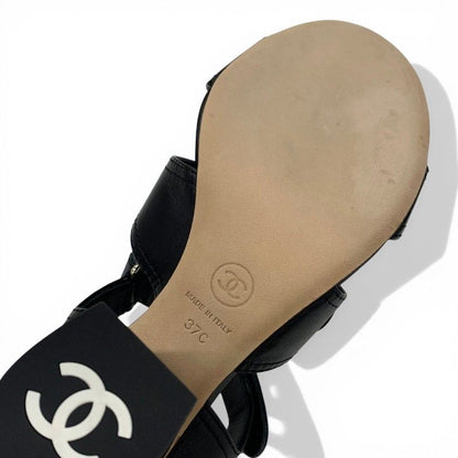 Chanel Sandals Shoes Leather Black Gold CC Logo Turnlock Velcro Strap — view 8
