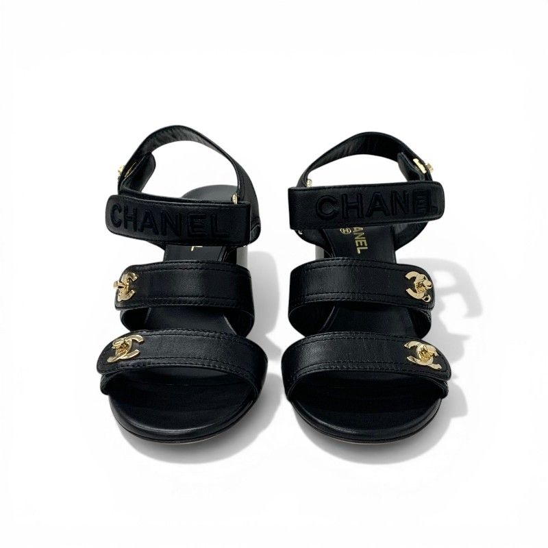 Chanel Sandals Shoes Leather Black Gold CC Logo Turnlock Velcro Strap — view 2