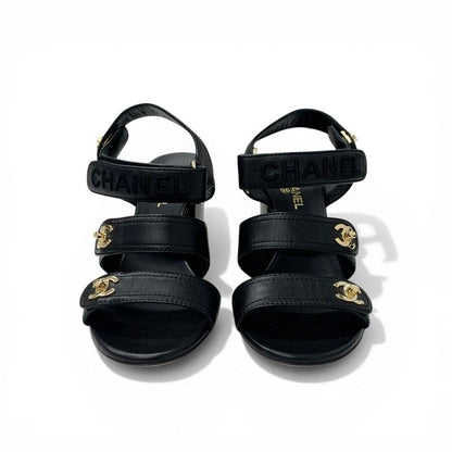 Chanel Sandals Shoes Leather Black Gold CC Logo Turnlock Velcro Strap — view 2
