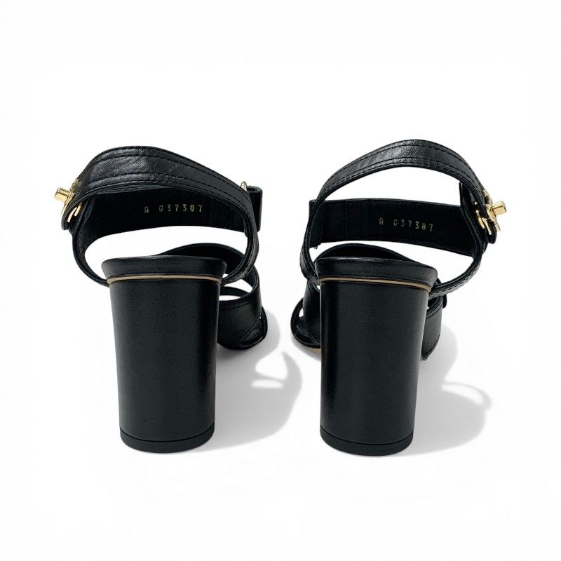 Chanel Sandals Shoes Leather Black Gold CC Logo Turnlock Velcro Strap — view 5