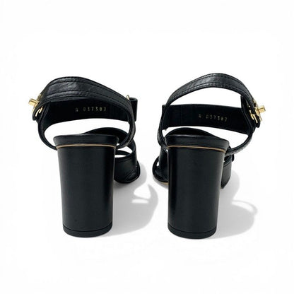 Chanel Sandals Shoes Leather Black Gold CC Logo Turnlock Velcro Strap — view 5