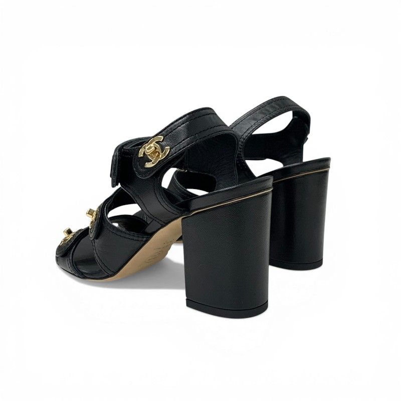 Chanel Sandals Shoes Leather Black Gold CC Logo Turnlock Velcro Strap — view 4