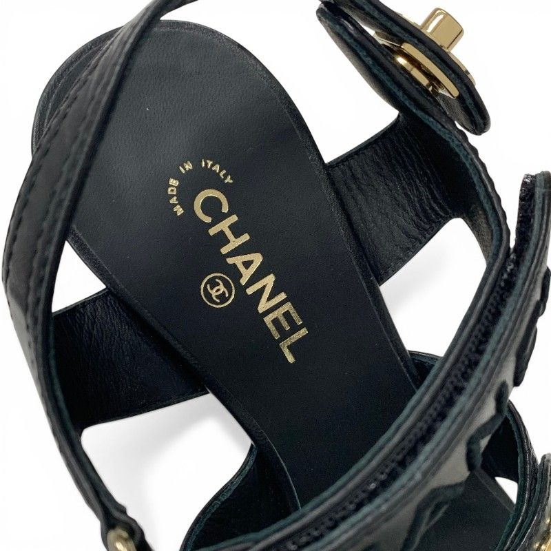 Chanel Sandals Shoes Leather Black Gold CC Logo Turnlock Velcro Strap — view 7