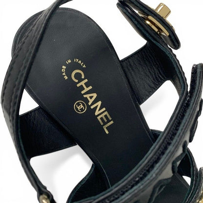 Chanel Sandals Shoes Leather Black Gold CC Logo Turnlock Velcro Strap — view 7