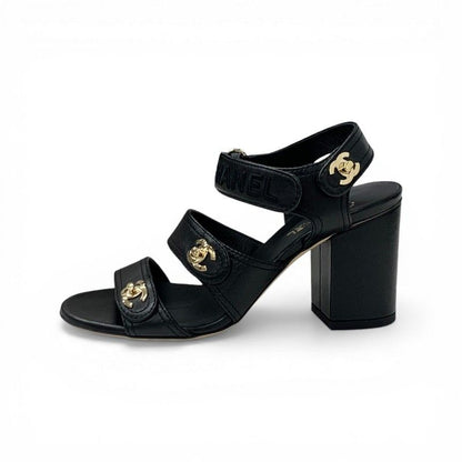 Chanel Sandals Shoes Leather Black Gold CC Logo Turnlock Velcro Strap — view 3