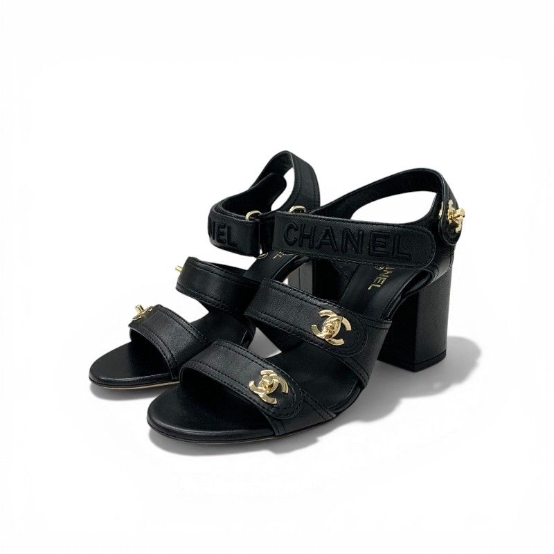 Chanel Sandals Shoes Leather Black Gold CC Logo Turnlock Velcro Strap