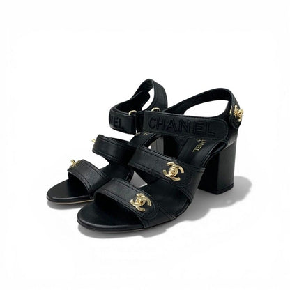 Chanel Sandals Shoes Leather Black Gold CC Logo Turnlock Velcro Strap
