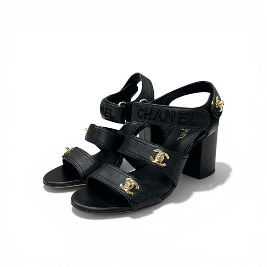 Chanel Sandals Shoes Leather Black Gold CC Logo Turnlock Velcro Strap