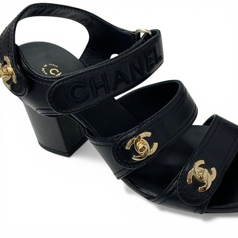 Chanel Sandals Shoes Leather Black Gold CC Logo Turnlock Velcro Strap — view 9
