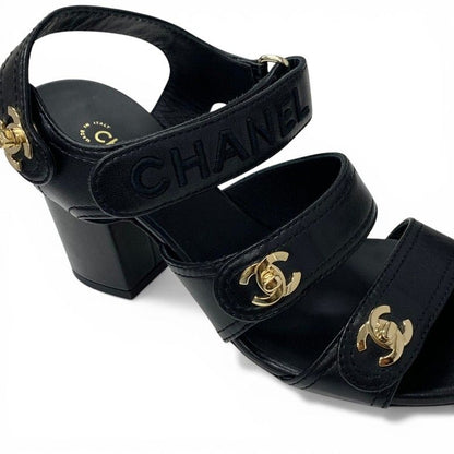 Chanel Sandals Shoes Leather Black Gold CC Logo Turnlock Velcro Strap — view 9