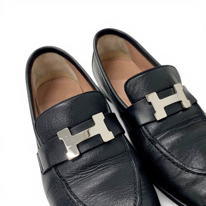 Hermes Paris Loafers Leather Shoes Black Silver Moccasins — view 9