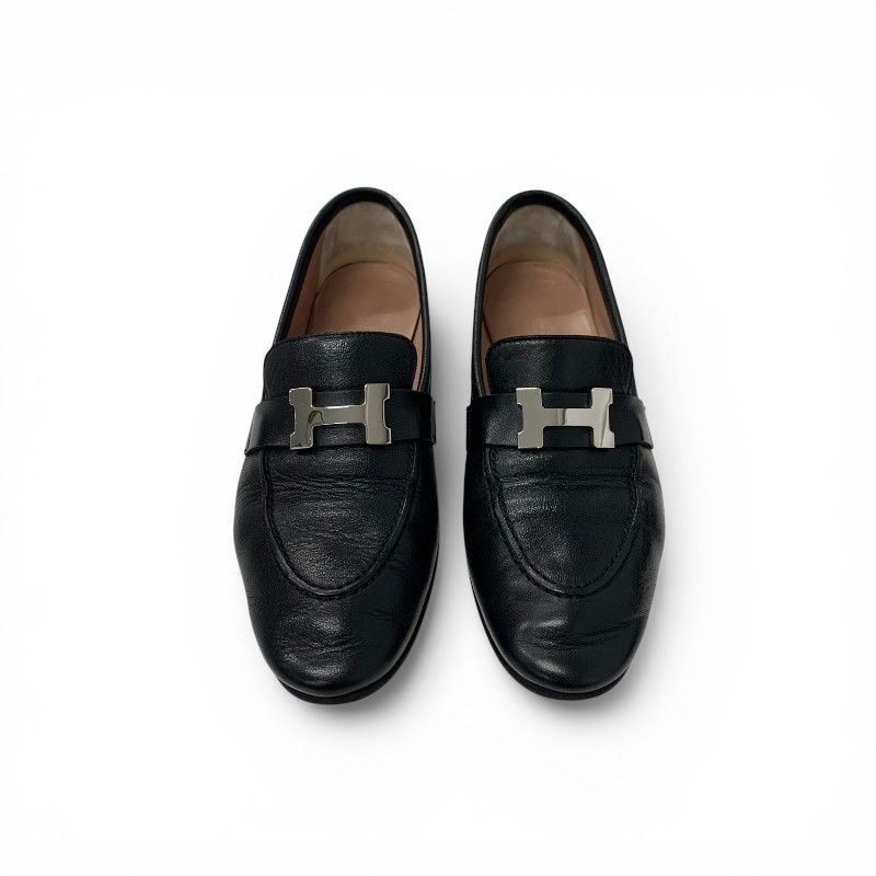 Hermes Paris Loafers Leather Shoes Black Silver Moccasins — view 2