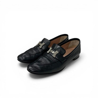 Hermes Paris Loafers Leather Shoes Black Silver Moccasins