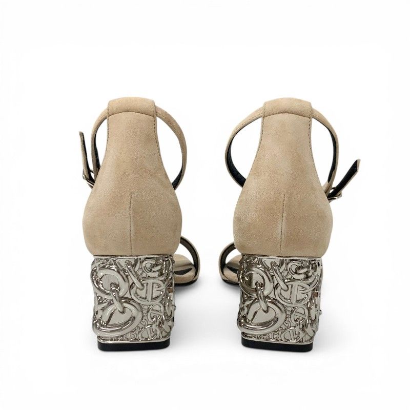 Hermes Gram 60 Sandals Shoes Suede Metal Beige Silver Chaine D'ancre Heels Strap — view 5