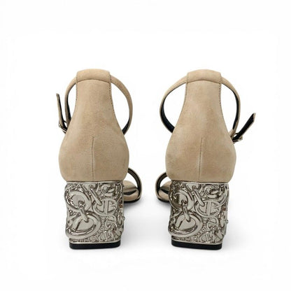 Hermes Gram 60 Sandals Shoes Suede Metal Beige Silver Chaine D'ancre Heels Strap — view 5