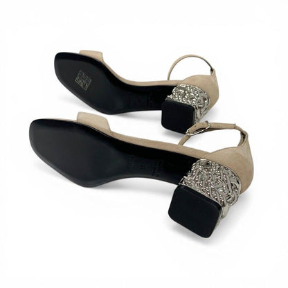 Hermes Gram 60 Sandals Shoes Suede Metal Beige Silver Chaine D'ancre Heels Strap — view 7