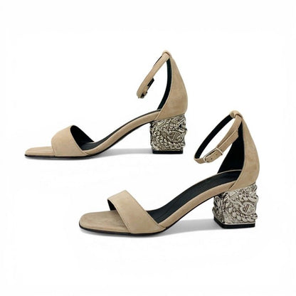 Hermes Gram 60 Sandals Shoes Suede Metal Beige Silver Chaine D'ancre Heels Strap — view 3