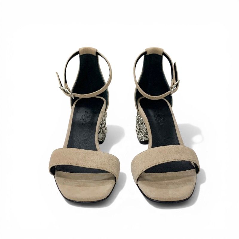Hermes Gram 60 Sandals Shoes Suede Metal Beige Silver Chaine D'ancre Heels Strap — view 2