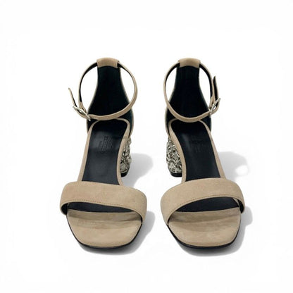 Hermes Gram 60 Sandals Shoes Suede Metal Beige Silver Chaine D'ancre Heels Strap — view 2