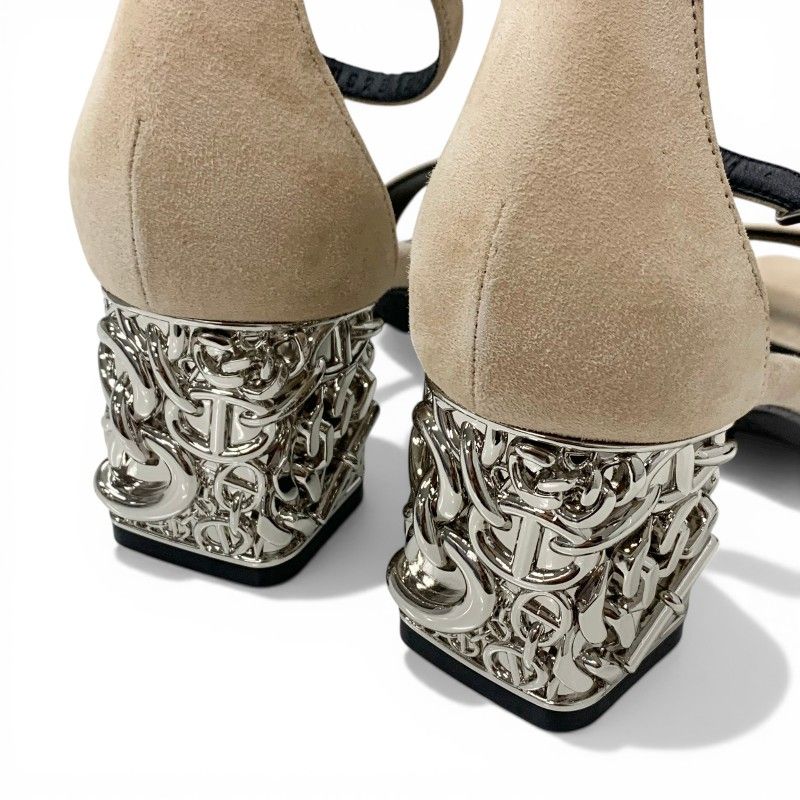 Hermes Gram 60 Sandals Shoes Suede Metal Beige Silver Chaine D'ancre Heels Strap — view 6