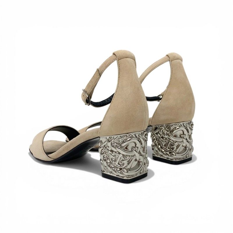Hermes Gram 60 Sandals Shoes Suede Metal Beige Silver Chaine D'ancre Heels Strap — view 4