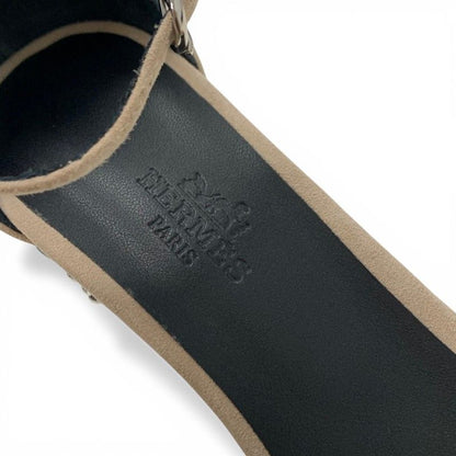 Hermes Gram 60 Sandals Shoes Suede Metal Beige Silver Chaine D'ancre Heels Strap — view 8