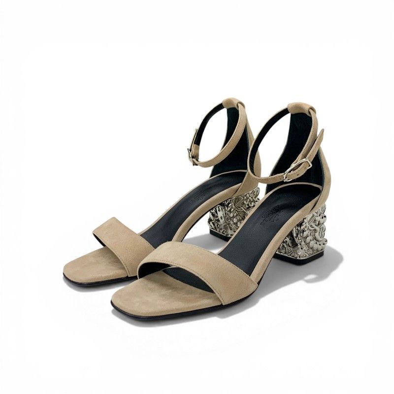 Hermes Gram 60 Sandals Shoes Suede Metal Beige Silver Chaine D'ancre Heels Strap