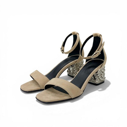 Hermes Gram 60 Sandals Shoes Suede Metal Beige Silver Chaine D'ancre Heels Strap