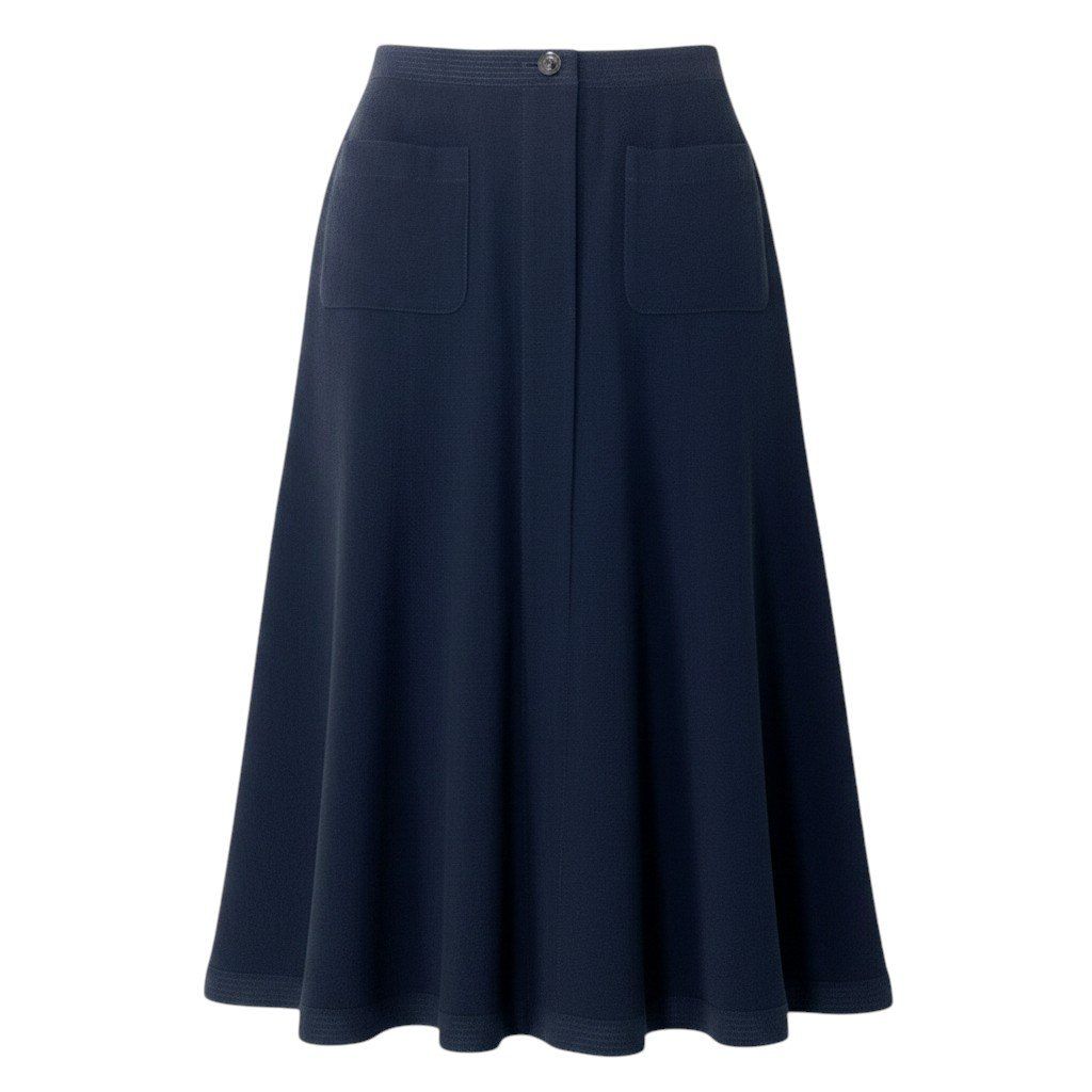 Chanel Boutique Front Button a Line Skirt Calf Length CC Logo 38 Navy Wool