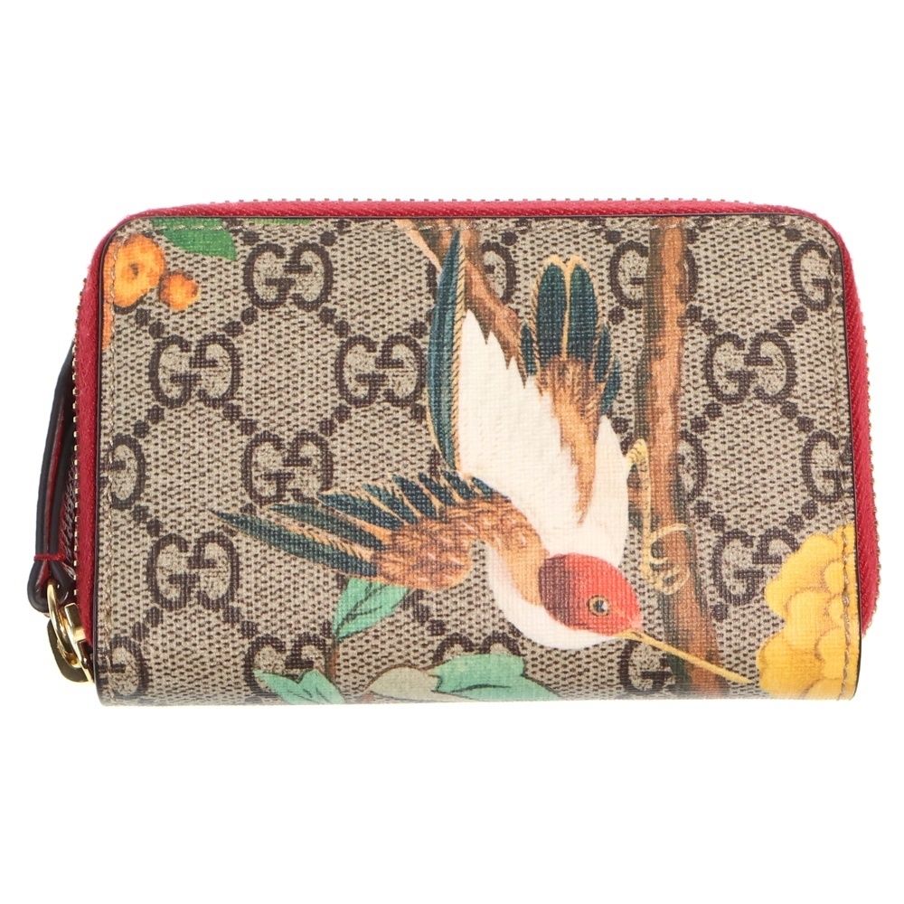 Gucci GG Supreme Tian Zip Around Leather Coin Case Wallet Beige Red