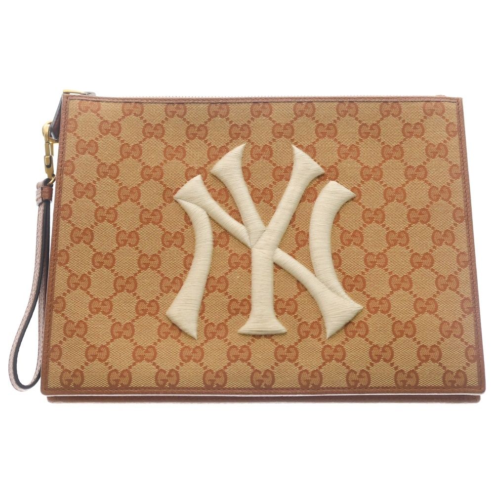 Gucci GG Canvas NY Embroidery Clutch Second Gold Beige