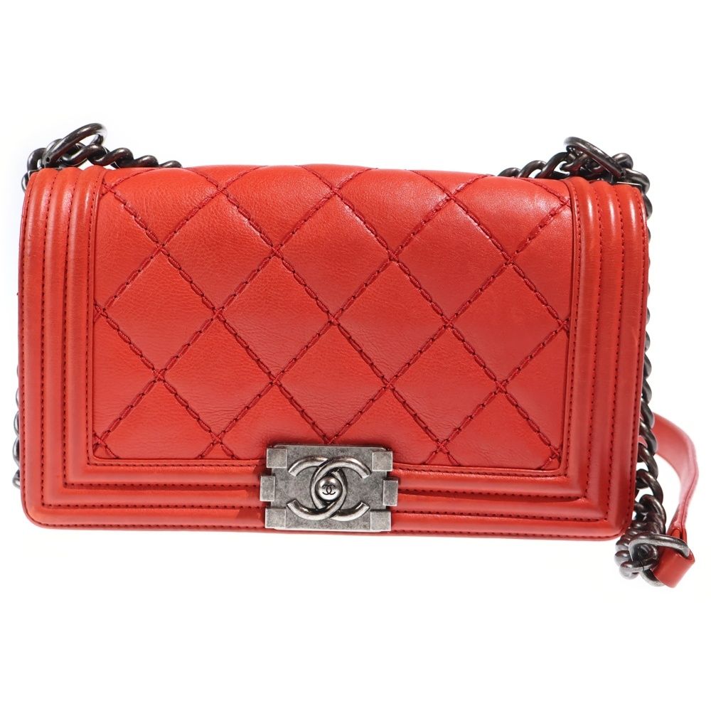 Chanel CC Logo Small Calf Leather Chain Shoulder Bag Gunmetal Red