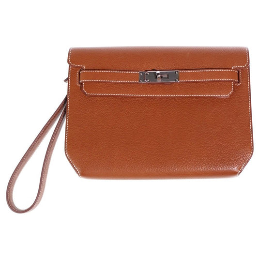 Hermes Kelly Depeche 25 Gold Clutch Case Brown Taurillon Clemence Silver