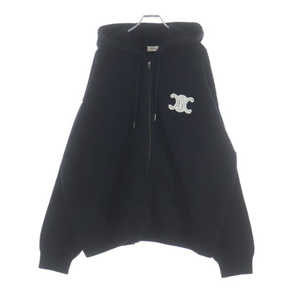 Celine Logo Patch Hoodie Zip Up Knit Black