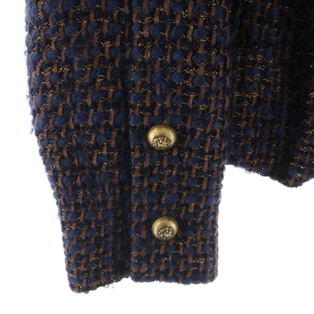 Chanel Lion Button Lame Tweed Collarless Jacket Navy Brown — view 5