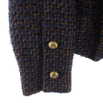 Chanel Lion Button Lame Tweed Collarless Jacket Navy Brown — view 5