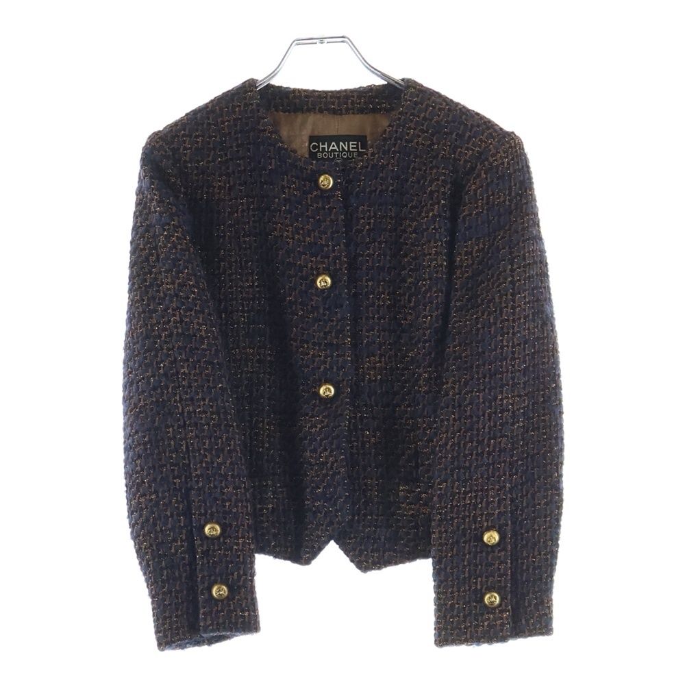 Chanel Lion Button Lame Tweed Collarless Jacket Navy Brown