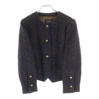 Chanel Lion Button Lame Tweed Collarless Jacket Navy Brown