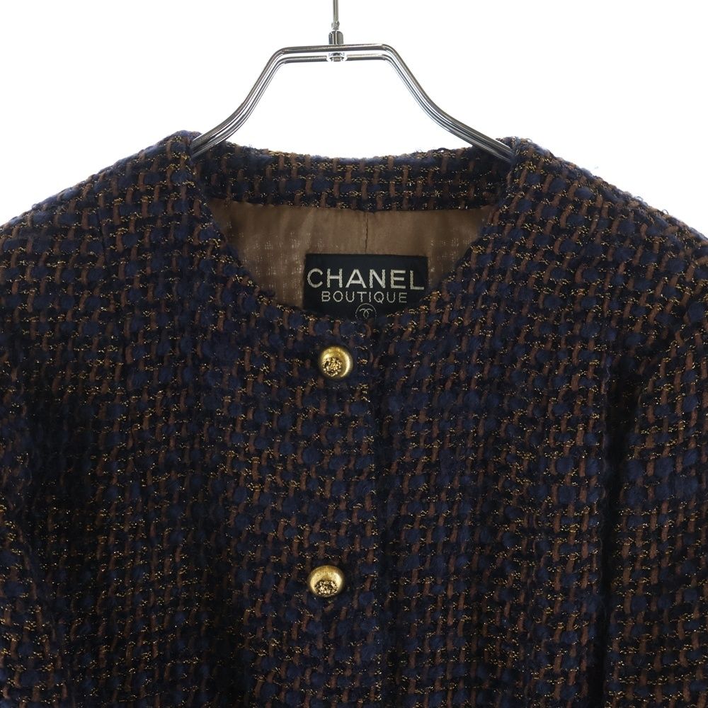 Chanel Lion Button Lame Tweed Collarless Jacket Navy Brown — view 3