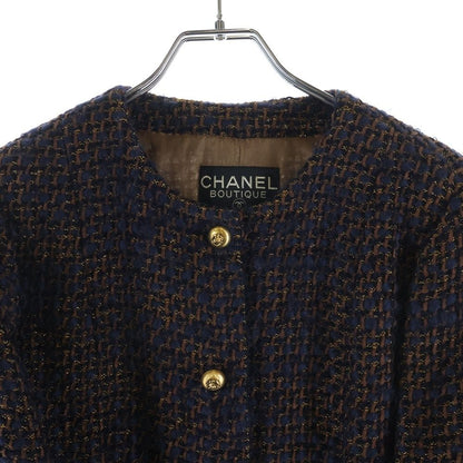 Chanel Lion Button Lame Tweed Collarless Jacket Navy Brown — view 3