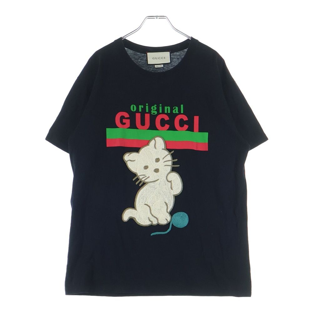 Gucci Cat Embroidery Sherry Line Crew Neck Short Sleeve T-Shirt Black