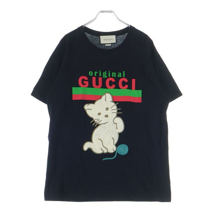 Gucci Cat Embroidery Sherry Line Crew Neck Short Sleeve T-Shirt Black