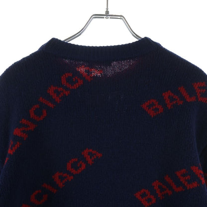 Balenciaga Allover Logo Crewneck Knit Crew Neck Long Sleeve Sweater Navy Red — view 4